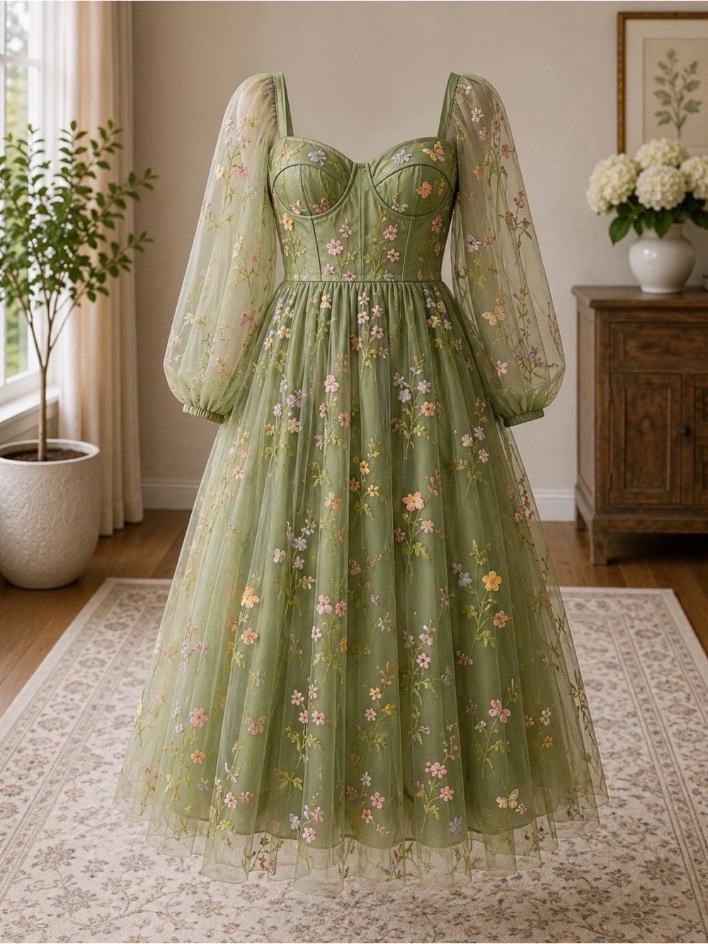 Olive Green Floral Midi Tulle Dress with Puff Sleeves